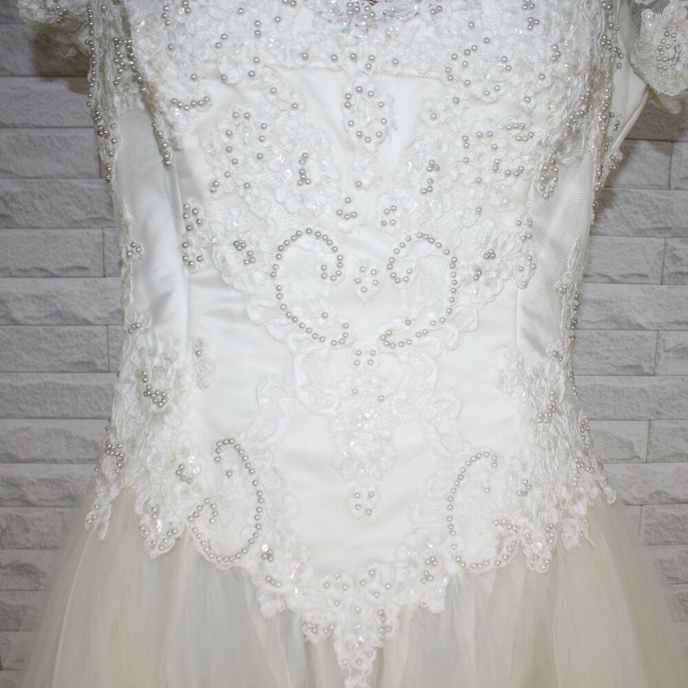 VINTAGE DAVID'S BRIDAL Gown Bridal Wedding Beaded Baach Tulle Princess White 6 - Picture 3 of 16